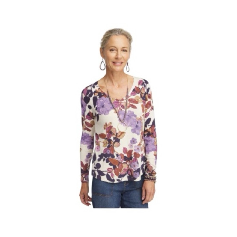 Chico’s  Ivory Purple Floral Print Knit V-Neck Long Sleeves Pullover O, Small